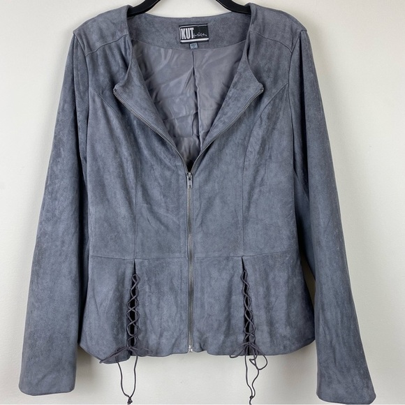 Kut from the Kloth Gray Peplum Microfiber Faux Suede Jacket w/ Zipper, Ties, M - Picture 1 of 16